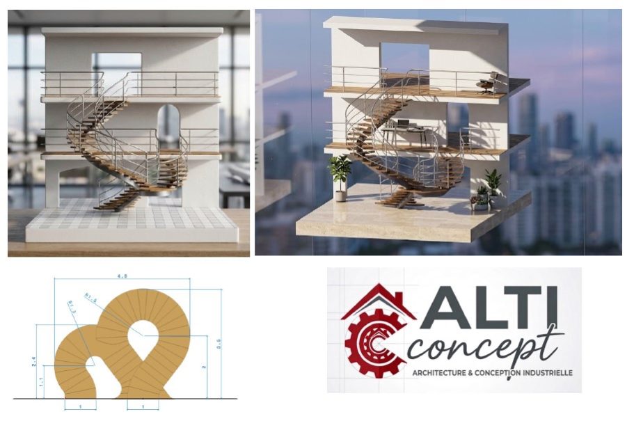 conception et mise en plan d'un escalier design à double hélice et à jour central avec garde-corps.